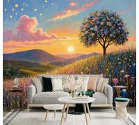 XLMING Sunset Scenery Blossoming Trees Colourful Meadows Starry Sky 3D Wallpaper Premium Textured Silk Study Dining Living Room Bedroom Sofa TV Wall Easy Install-300cm×210cm