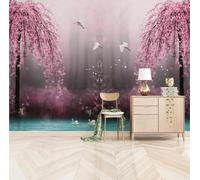 XLMING Swan Lake Pink Forest Birds in Flight 3D Wallpaper Luxury Silk Study Dining Feature Sofa Grey Bedroom Living Room Tv Decorative Wall-430cm×300cm