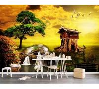 XLMING Swan Log Cabin Trees River Landscape 3D Wallpaper Luxury Home Dining Decor Paste Sofa Living Room The Wall for Bedroom Mural-300cm×210cm