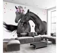 XLMING Sweet Couple Horse Black Flowers Butterflies 3D Wallpaper Silky Texture Home Study Office Grey Dining Room Sofa Bedroom Living Room TV Backdrop-150cm×105cm