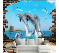 XLMING Three Dimensiona Art Brick Walls Dolphins Ocean World 3D Wallpaper Premium Textured Silk Study Dining Living Room Bedroom Sofa TV Wall Easy Install-250cm×170cm
