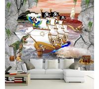 XLMING Three Dimensiona Art Retro Pirate Ship Dinosaur Ocean 3D Wallpaper Silky Texture Home Study Office Grey Dining Room Sofa Bedroom Living Room TV Backdrop-430cm×300cm