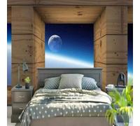 XLMING Three Dimensiona Art Wooden Architecture Planets Sky 3D Wallpaper Premium Textured Silk Study Dining Living Room Bedroom Sofa TV Wall Easy Install-150cm×105cm
