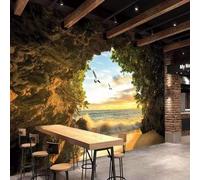 XLMING Three Dimensiona Cave Seaside Beach Birds Sunset 3D Wallpaper Silky Texture Home Study Office Grey Dining Room Sofa Bedroom Living Room TV Backdrop-430cm×300cm