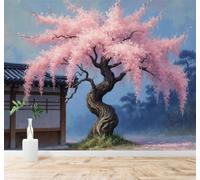 XLMING Three Dimensional Beautiful Pink Cherry Blossom Trees Vintage Houses 3D Wallpaper Premium Textured Silk Study Dining Living Room Bedroom Sofa TV Wall Easy Install-400cm×280cm