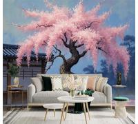 XLMING Three Dimensional Beautiful Pink Cherry Blossom Trees Vintage Houses 3D Wallpaper Silky Texture Home Study Office Grey Dining Room Sofa Bedroom Living Room TV Backdrop-400cm×280cm