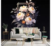 XLMING Three Dimensional Beautiful White Lotus Gold Frame Dark Background 3D Wallpaper Premium Textured Silk Study Dining Living Room Bedroom Sofa TV Wall Easy Install-250cm×170cm