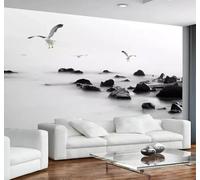 XLMING Three Dimensional Black and White Ocean Birds in Flight Rocks 3D Wallpaper Premium Textured Silk Study Dining Living Room Bedroom Sofa TV Wall Easy Install-150cm×105cm