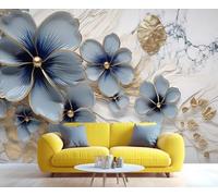 XLMING Three Dimensional Blue Blossoms with Gold Leaves and Faux Marble 3D Wallpaper Luxury Home Dining Decor Paste Sofa Living Room The Wall for Bedroom Mural-300cm×210cm