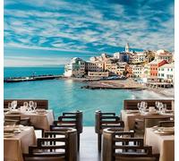 XLMING Three Dimensional Blue Sky White Clouds Ocean City Architecture 3D Wallpaper Silky Texture Home Study Office Grey Dining Room Sofa Bedroom Living Room TV Backdrop-300cm×210cm