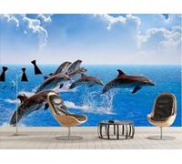 XLMING Three Dimensional Blue Sky White Clouds Ocean Dolphins 3D Wallpaper Premium Textured Silk Study Dining Living Room Bedroom Sofa TV Wall Easy Install-430cm×300cm