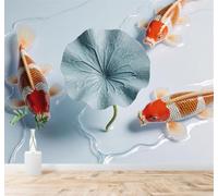 XLMING Three Dimensional Creative Blue Lotus Leaves Ripples Koi 3D Wallpaper Premium Textured Silk Study Dining Living Room Bedroom Sofa TV Wall Easy Install-430cm×300cm
