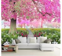 XLMING Three Dimensional Forest Pink Flowers Reindeer 3D Wallpaper Premium Textured Silk Study Dining Living Room Bedroom Sofa TV Wall Easy Install-150cm×105cm