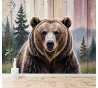 XLMING Three Dimensional Green Forest Brown Bear Wood Grain Mist Pine Trees 3D Wallpaper Silky Texture Home Study Office Grey Dining Room Sofa Bedroom Living Room TV Backdrop-350cm×256cm