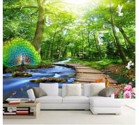 XLMING Three Dimensional Green Forest Peacock Wooden Bridge 3D Wallpaper Premium Textured Silk Study Dining Living Room Bedroom Sofa TV Wall Easy Install-250cm×170cm