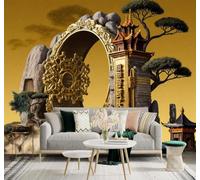 XLMING Three Dimensional Luxurious Golden Pagoda Circular Building Pine Bonsai 3D Wallpaper Premium Textured Silk Study Dining Living Room Bedroom Sofa TV Wall Easy Install-300cm×210cm