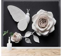 XLMING Three Dimensional Minimalist Beautiful White Butterfly Rose 3D Wallpaper Premium Textured Silk Study Dining Living Room Bedroom Sofa TV Wall Easy Install-300cm×210cm