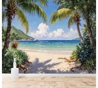 XLMING Three Dimensional Palm Trees Tropical Beach Blue Ocean Mountain Scenery 3D Wallpaper Silky Texture Home Study Office Grey Dining Room Sofa Bedroom Living Room TV Backdrop-430cm×300cm