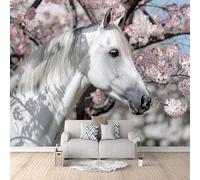 XLMING Three Dimensional Pink Flowers Animal White Horse 3D Wallpaper Premium Textured Silk Study Dining Living Room Bedroom Sofa TV Wall Easy Install-300cm×210cm