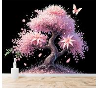 XLMING Three Dimensional Pink Flowers Trees Butterflies Black Background 3D Wallpaper Premium Textured Silk Study Dining Living Room Bedroom Sofa TV Wall Easy Install-430cm×300cm