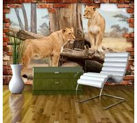 XLMING Three Dimensional Space Brick Wall Animals Lion 3D Wallpaper Luxury Silk Study Dining Feature Sofa Grey Bedroom Living Room Tv Decorative Wall-200cm×140cm