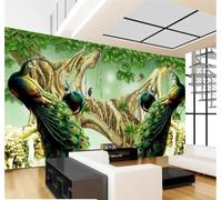 XLMING Three Dimensional Trees Green Leaves Birds in Flight Peacocks 3D Wallpaper Silky Texture Home Study Office Grey Dining Room Sofa Bedroom Living Room TV Backdrop-150cm×105cm