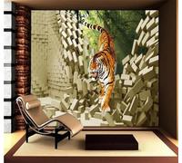 XLMING Three Dimensional Unique Tiger Downhill Breaking Through A Wall 3D Wallpaper Silky Texture Home Study Office Grey Dining Room Sofa Bedroom Living Room TV Backdrop-430cm×300cm