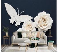 XLMING Three Dimensional White Butterfly Rose Elegant Flowers 3D Wallpaper Premium Textured Silk Study Dining Living Room Bedroom Sofa TV Wall Easy Install-350cm×256cm