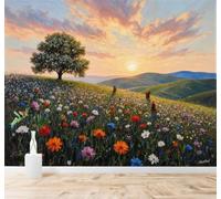 XLMING Trees Wildflowers Meadows Hills Sunset Scenery 3D Wallpaper Premium Textured Silk Study Dining Living Room Bedroom Sofa TV Wall Easy Install-400cm×280cm