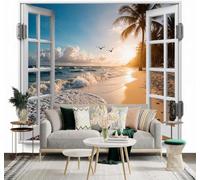 XLMING Tropical Beach Sunset Window Palm Trees Ocean Waves 3D Wallpaper Premium Textured Silk Study Dining Living Room Bedroom Sofa TV Wall Easy Install-200cm×140cm