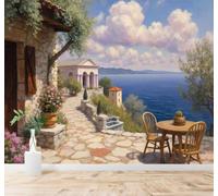 XLMING Village Terrace Stone Path Flowers Seascape 3D Wallpaper Premium Textured Silk Study Dining Living Room Bedroom Sofa TV Wall Easy Install-200cm×140cm