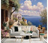 XLMING Village Terrace Stone Path Flowers Seascape 3D Wallpaper Silky Texture Home Study Office Grey Dining Room Sofa Bedroom Living Room TV Backdrop-400cm×280cm