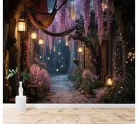 XLMING Vintage Architecture Lanterns Purple Flowers Night Scene 3D Wallpaper Silky Texture Home Study Office Grey Dining Room Sofa Bedroom Living Room TV Backdrop-300cm×210cm