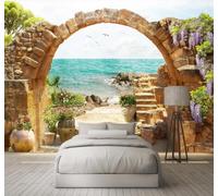 XLMING Vintage Beautiful Archway Stone Wall Seaside View 3D Wallpaper Luxury Home Dining Decor Paste Sofa Living Room The Wall for Bedroom Mural-150cm×105cm