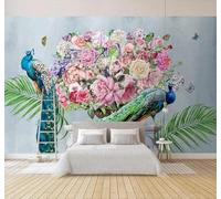 XLMING Vintage Beautiful Peacock Floral Butterfly 3D Wallpaper Premium Textured Silk Study Dining Living Room Bedroom Sofa TV Wall Easy Install-350cm×256cm