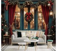 XLMING Vintage Blue Wooden Door Wreath Red Curtains 3D Wallpaper Silky Texture Home Study Office Grey Dining Room Sofa Bedroom Living Room TV Backdrop-400cm×280cm
