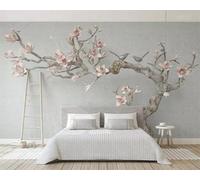 XLMING Vintage Branches Pink Magnolia Little Bird 3D Wallpaper Premium Textured Silk Study Dining Living Room Bedroom Sofa TV Wall Easy Install-250cm×170cm