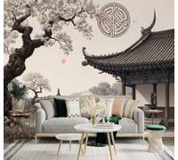 XLMING Vintage Classical Architecture Cherry Blossoms By The Lake River 3D Wallpaper Silky Texture Home Study Office Grey Dining Room Sofa Bedroom Living Room TV Backdrop-350cm×256cm