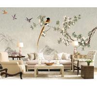 XLMING Vintage Hand Drawn Flowers Branches Little Birds 3D Wallpaper Premium Textured Silk Study Dining Living Room Bedroom Sofa TV Wall Easy Install-300cm×210cm