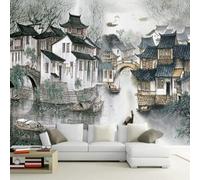 XLMING Vintage Houses Architecture Rivers Small Bridges Small Boats 3D Wallpaper Premium Textured Silk Study Dining Living Room Bedroom Sofa TV Wall Easy Install-400cm×280cm