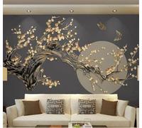 XLMING Vintage Relief Gold Plum Blossoms Full Moon Butterflies 3D Wallpaper Silky Texture Home Study Office Grey Dining Room Sofa Bedroom Living Room TV Backdrop-200cm×140cm