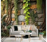 XLMING Vintage Stone Wall Three Dimensional Green Vines Tropical Plants 3D Wallpaper Silky Texture Home Study Office Grey Dining Room Sofa Bedroom Living Room TV Backdrop-350cm×256cm