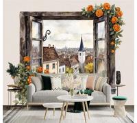 XLMING Vintage Window Orange Rose Cat Cityscape 3D Wallpaper Premium Textured Silk Study Dining Living Room Bedroom Sofa TV Wall Easy Install-200cm×140cm
