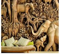 XLMING Vintage Wood Carving Elephant Forest Art 3D Wallpaper Luxury Silk Study Dining Feature Sofa Grey Bedroom Living Room Tv Decorative Wall-350cm×256cm