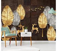 XLMING Vintage Wood Grain Gold Leaves Reindeer Birds 3D Wallpaper Luxury Silk Study Dining Feature Sofa Grey Bedroom Living Room Tv Decorative Wall-250cm×170cm