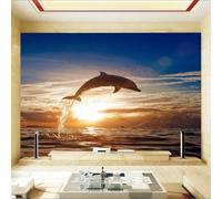 XLMING Warm and Cosy Dolphins Leaping Beautiful Sunrise Seaside View 3D Wallpaper Premium Textured Silk Study Dining Living Room Bedroom Sofa TV Wall Easy Install-350cm×256cm