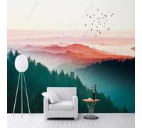 XLMING Warm Beautiful Mist Pine Trees Sunset City 3D Wallpaper Premium Textured Silk Study Dining Living Room Bedroom Sofa TV Wall Easy Install-400cm×280cm