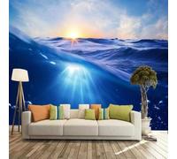 XLMING Warm Beautiful Sea Blue Sky Waves Sunrise 3D Wallpaper Silky Texture Home Study Office Grey Dining Room Sofa Bedroom Living Room TV Backdrop-350cm×256cm