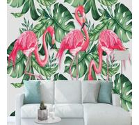 XLMING Watercolour Flamingos Tropical Plants Green Leaves Fresh 3D Wallpaper Silky Texture Home Study Office Grey Dining Room Sofa Bedroom Living Room TV Backdrop-430cm×300cm