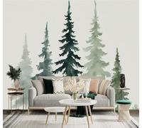 XLMING Watercolour Pine Trees Green Forest Landscape Art 3D Wallpaper Premium Textured Silk Study Dining Living Room Bedroom Sofa TV Wall Easy Install-200cm×140cm